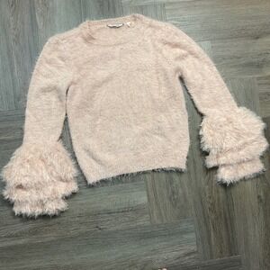NAF NAF Fuzzy Knit Sweater Womens Small Pink Ruffle‎ Bell Sleeve Boho Coquette